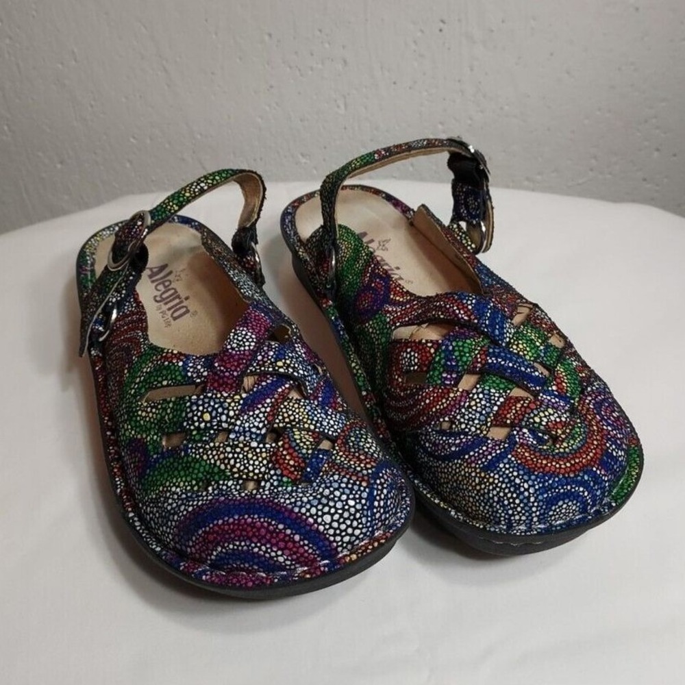 Alegria Freesia Women 37 Mosaic Dot Leather Slingback Clogs Sandals Multicolor
